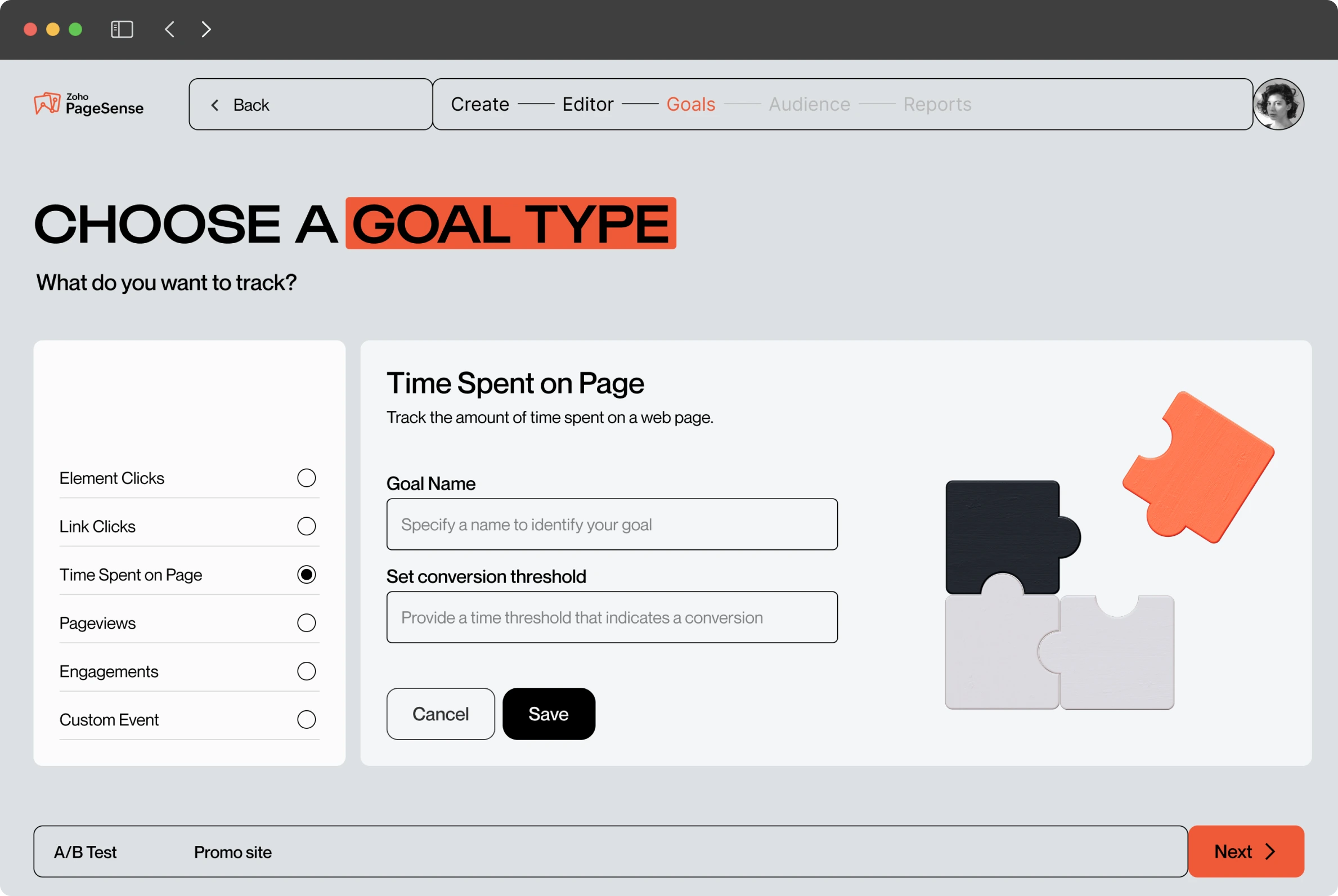 A/B test setup screen.